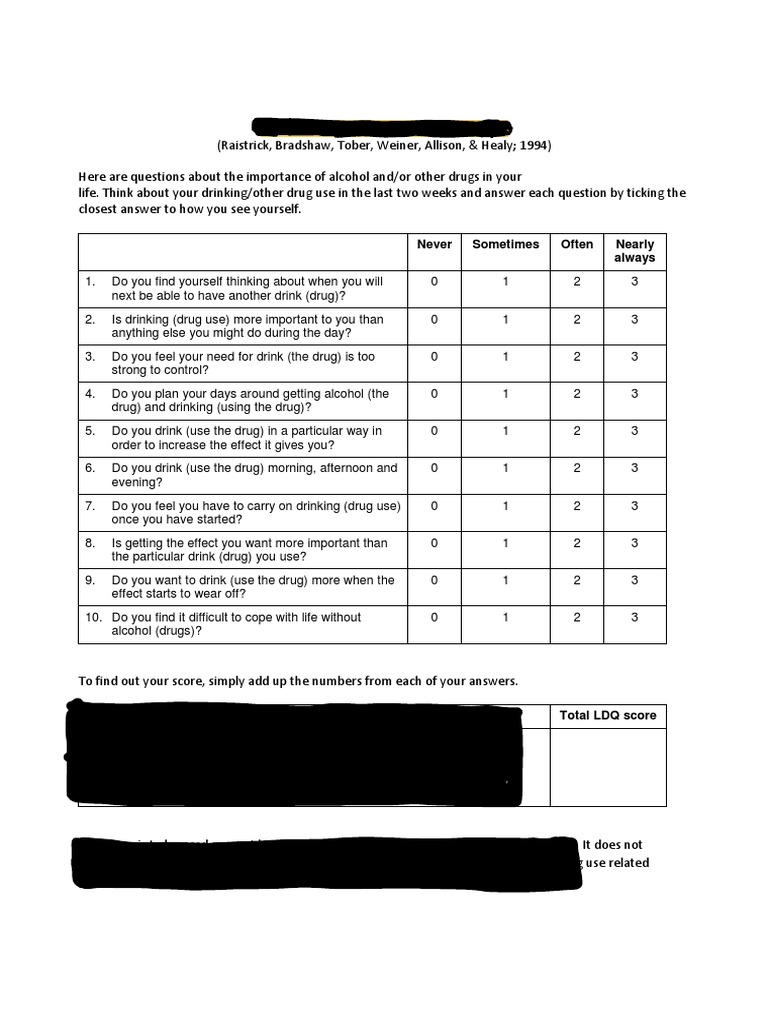 Alcohol Questionnaire 2 LDQ PDF Substance Abuse Psychoactive Drugs
