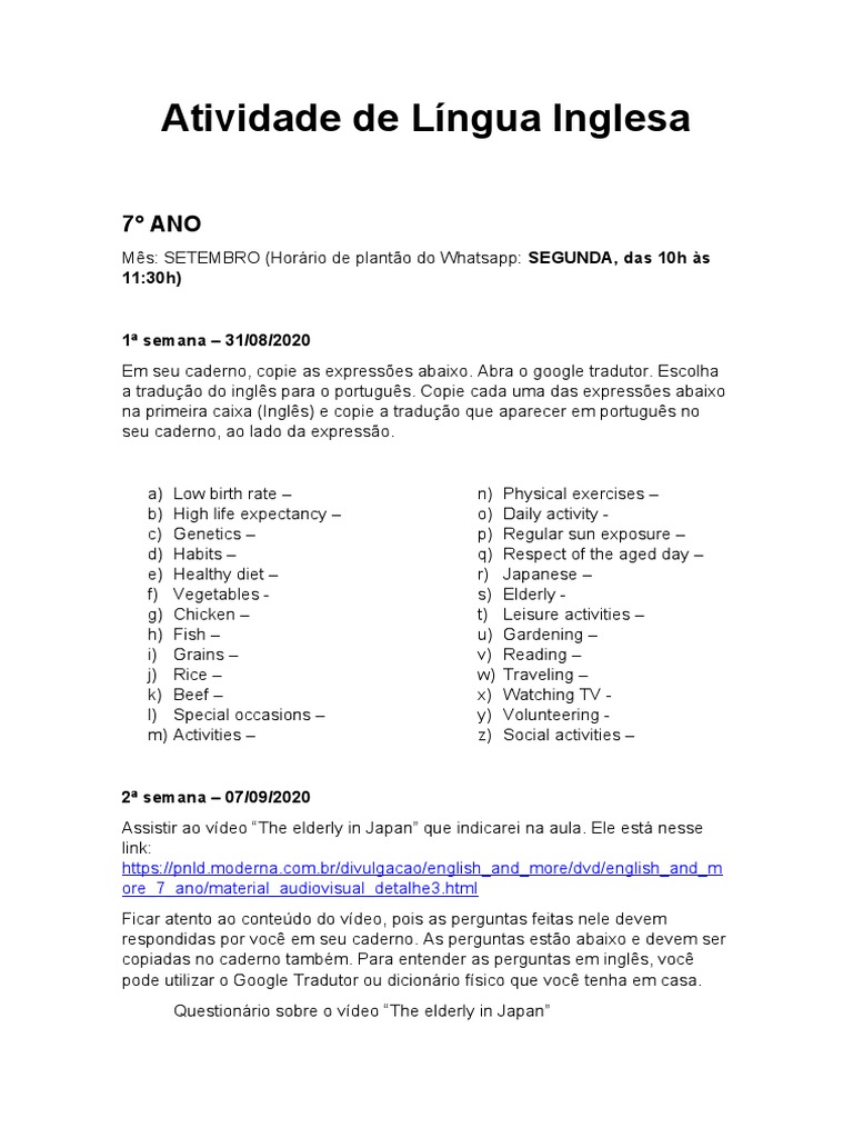 ROTEIRO SETEMBRO Atividades de Língua Inglesa, PDF