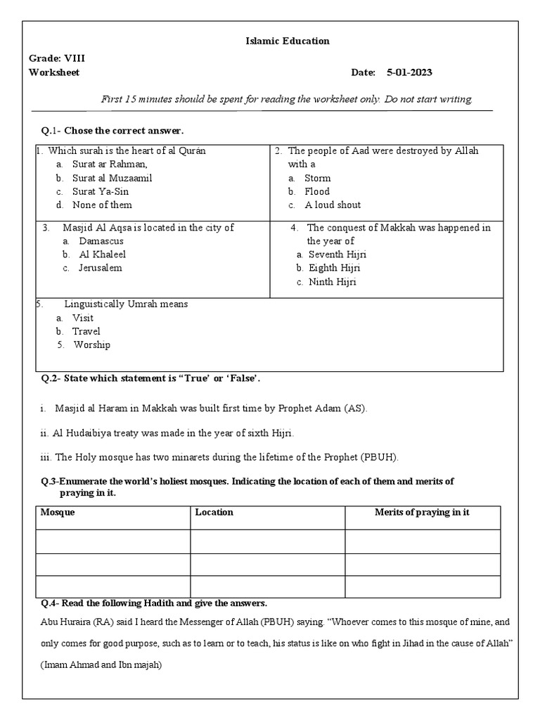 Gr 8 Islamic Education Ws Pdf Mosque Mecca