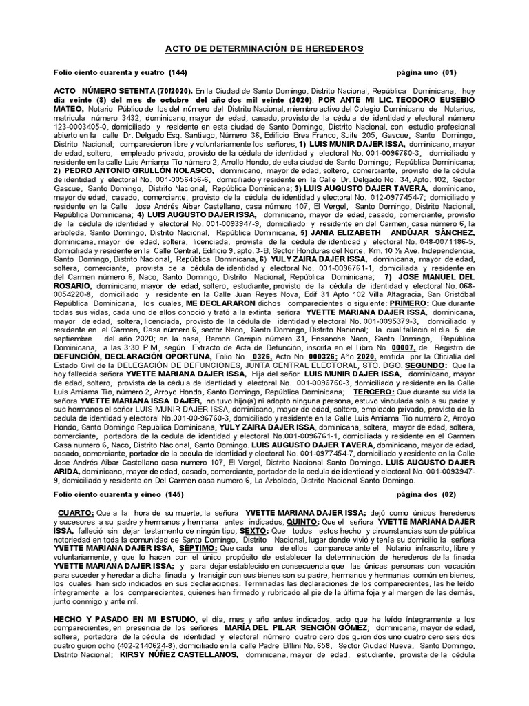 Determinación de Herederos Yvette Dajer | PDF | República Dominicana ...