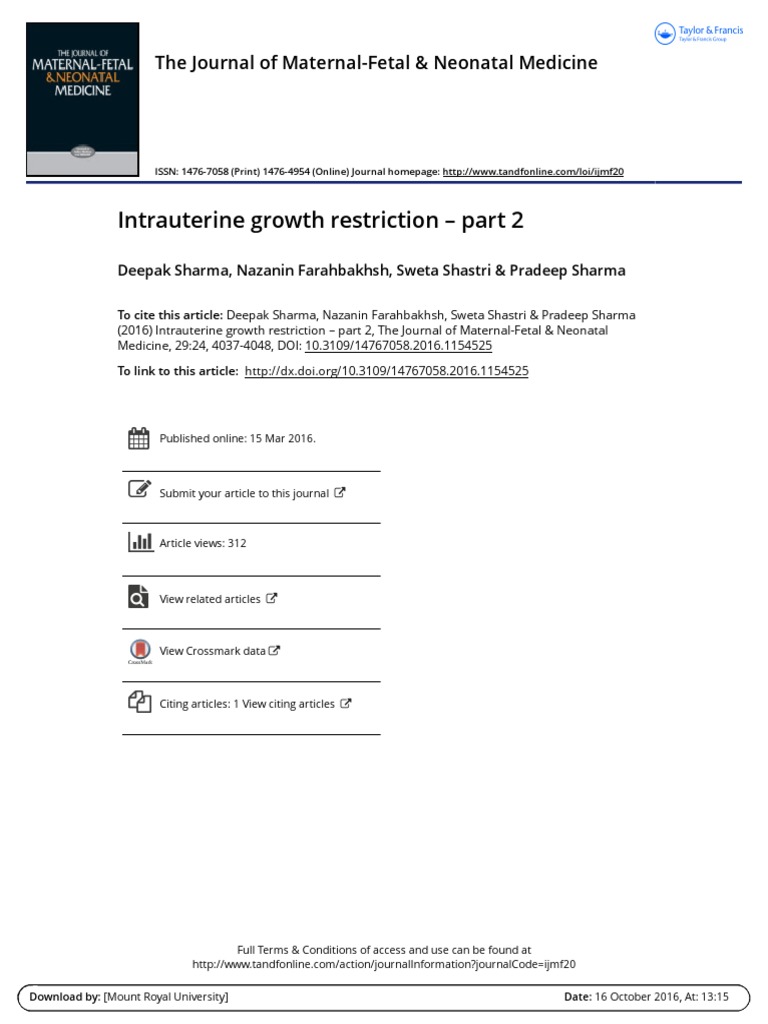 Intrauterine Growth Restriction | PDF | Preterm Birth | Hypoxia (Medical)