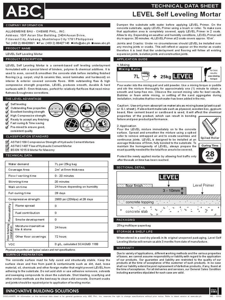 Level Self Leveling Mortar Technical Data Sheet 2020 Download Free PDF Flooring Concrete