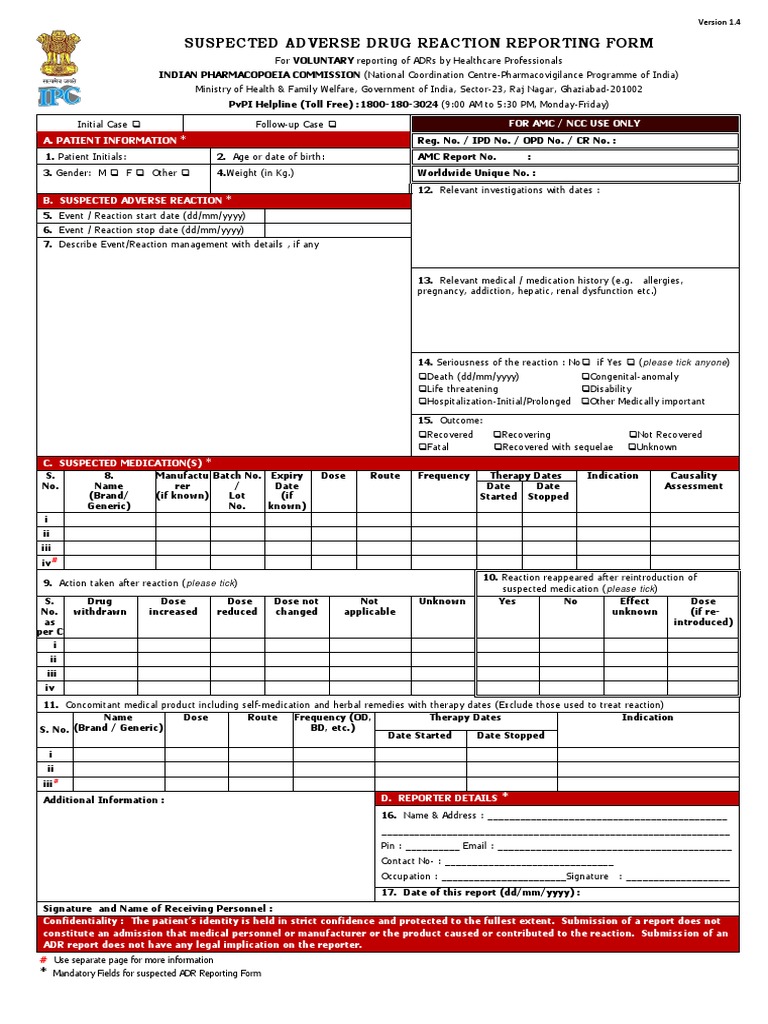 Suspected ADR Reporting Form 1.4 | PDF | Pharmacology | Health Care