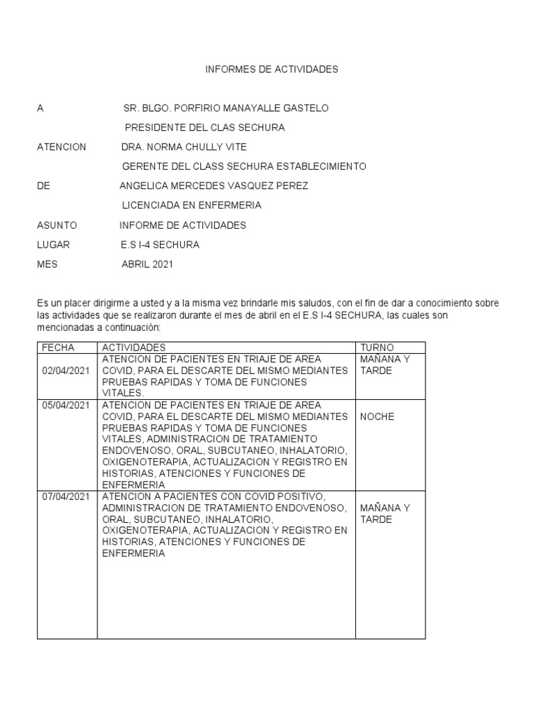 Informe de Actividades COVID-19 Abril 2021 | PDF | Servicios públicos ...