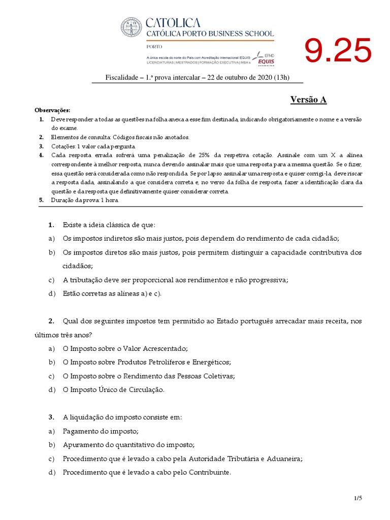 Prova Intercalar de Fiscalidade 2020 | PDF | Imposto sobre Valor ...