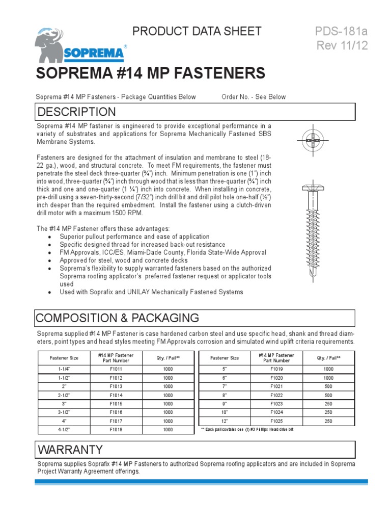 Soprema #14 MP Fastener Product Data Sheet | PDF | Concrete | Steel