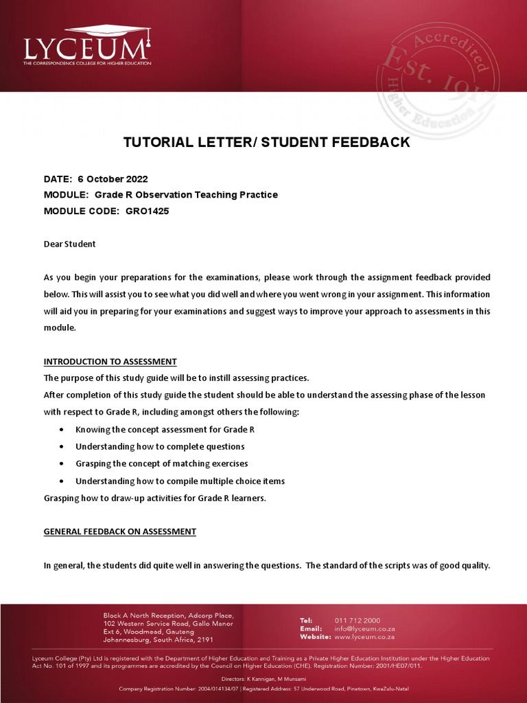 GRO1425 Tutorial Letter E2 2022 | PDF | Educational Assessment | Learning