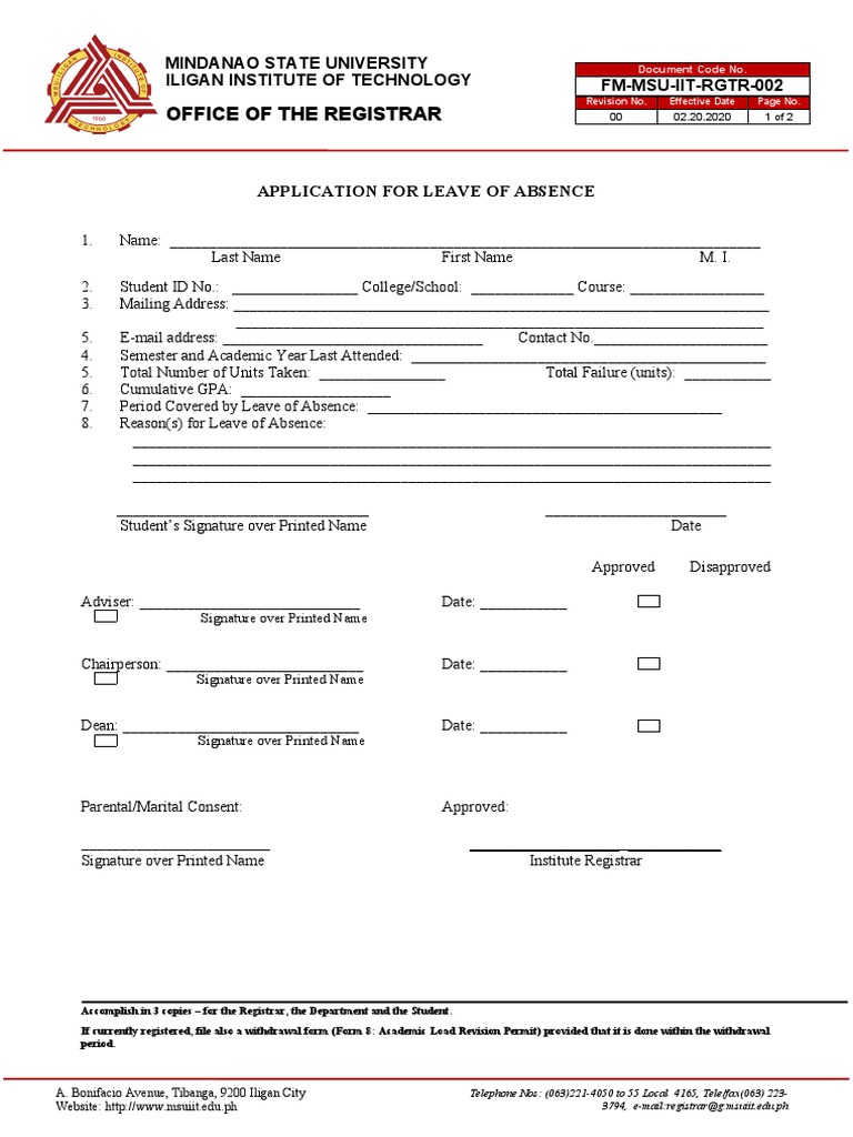 MSU-IIT Leave of Absence Application | PDF | Computing