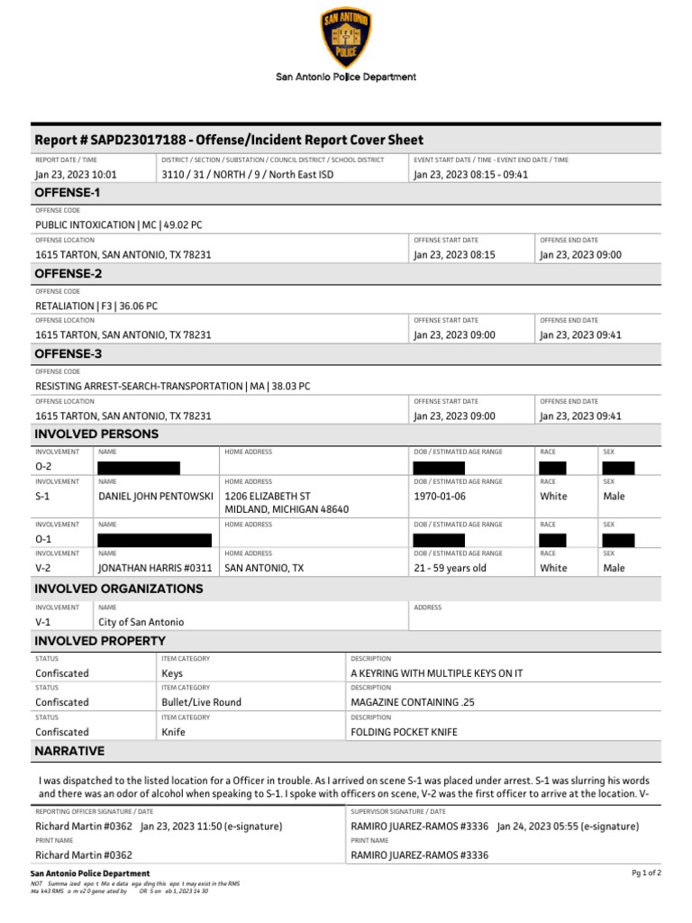 San Antonio Police Department Police Report On The Arrest of Daniel