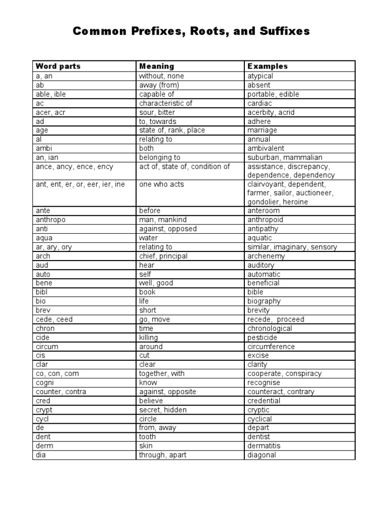 Prefixes, Roots, Suffixes Guide | PDF