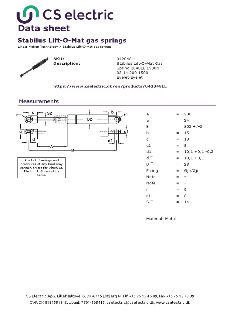 CS Electric ApS en 042048LL Stabilus LiftOMat Gas Spring 2048LL 1500N PDF