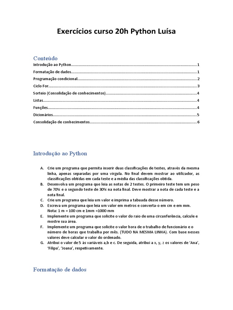 Exercícios Práticos de Python 20h | PDF | Algoritmos | Python ...