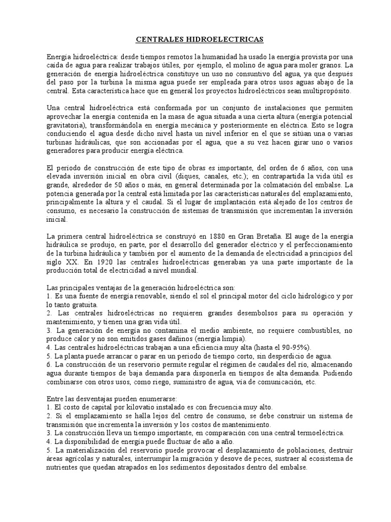 Centrales Hidroeléctricas: Funcionamiento y Tipos | PDF ...