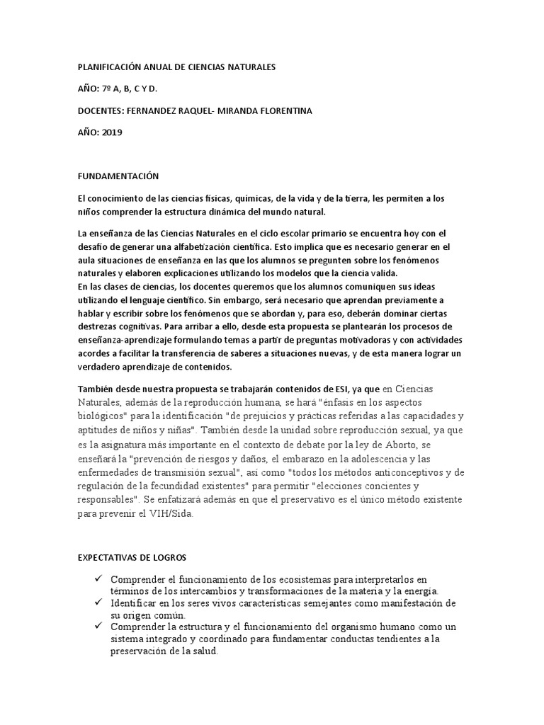 Planificación Anual de Ciencias Naturales | PDF | Organismos | Nutrición