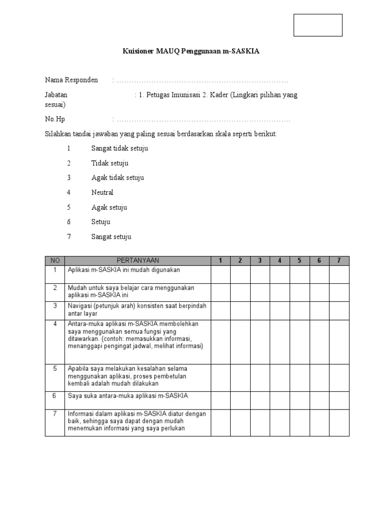 Kuisioner Penggunaan Aplikasi m-SASKIA | PDF