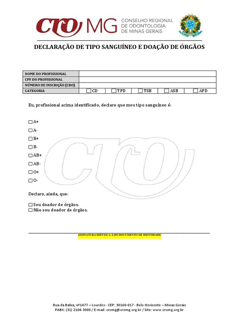 Declaração de Tipo Sanguíneo e Doador de Órgãos (Serviços Online) | PDF