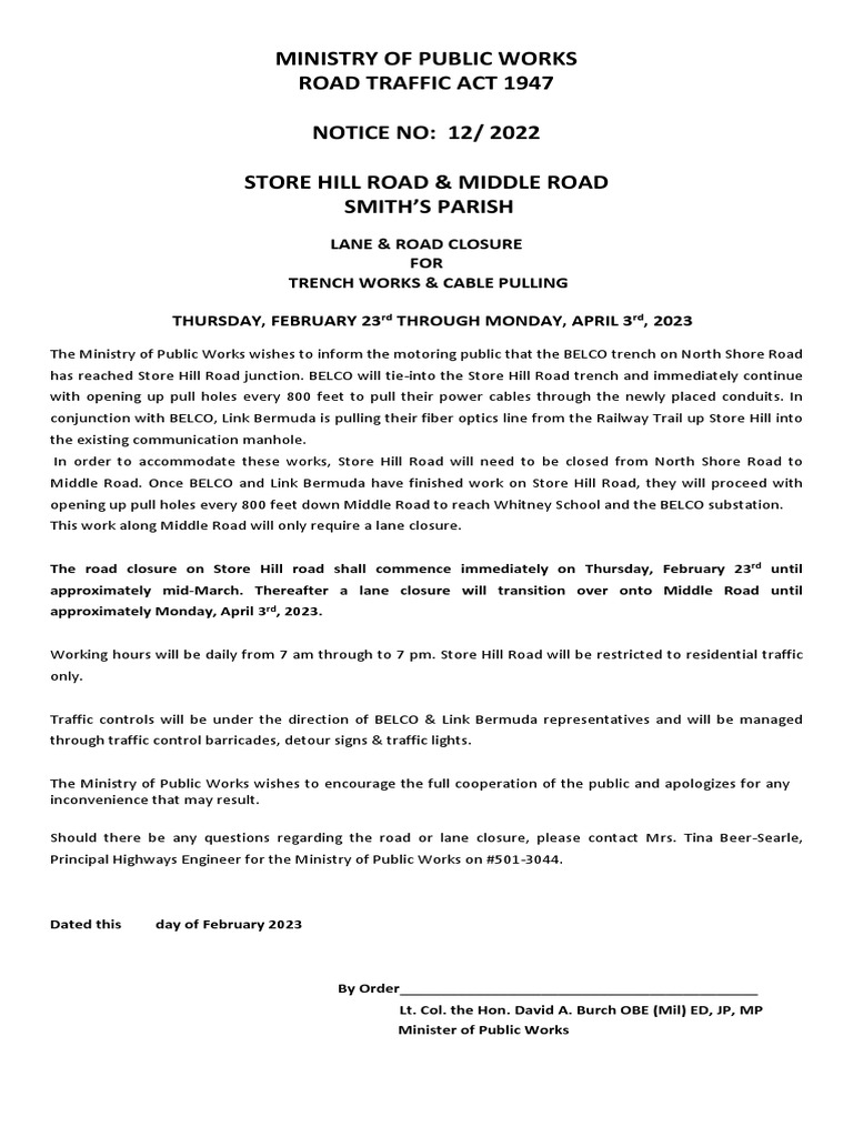 RTN Road Closure Store Hill Lane Closure For Middle RD Flatts PDF