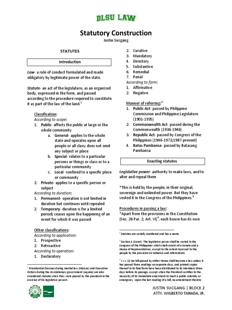Statutory Construction Dlsu PDF Statutory Interpretation United