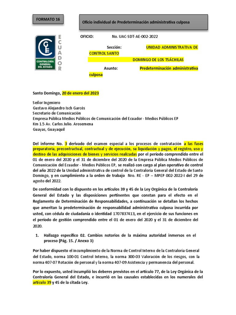 Formato 16 - Oficio Individual de Predeterminación Administrativa ...