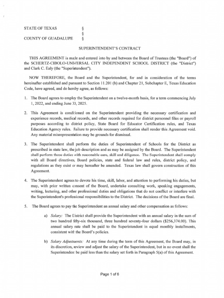 Schertz Cibolo Universal City Superintendent Contract | PDF