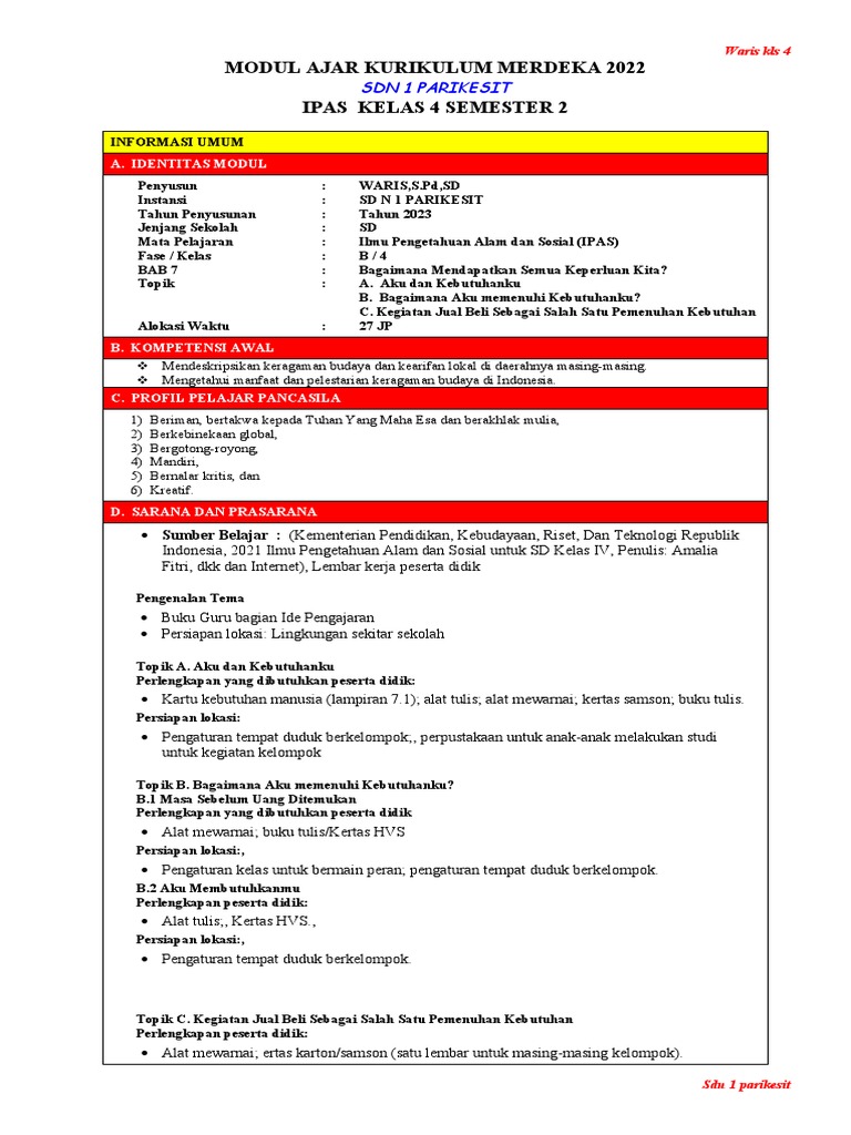 7. Modul Ajar Ipas Bab 7 Kelas 4 (Dicariguru.com) | PDF