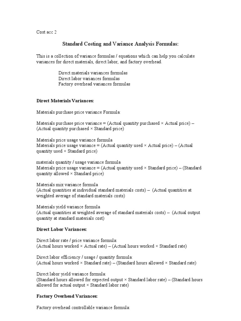 Standard Costing and Variance Analysis Formulas | PDF | Variance 