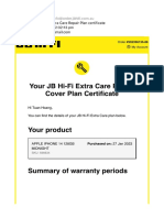 Your JB Hi-Fi Extra Care Repair Plan Certificate