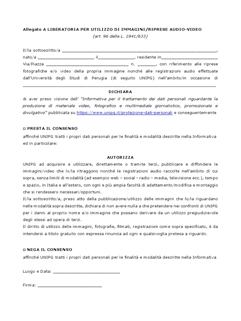 LIBERATORIA PER UTILIZZO DI IMMAGINI RIPRESE AUDIO VIDEO PDF