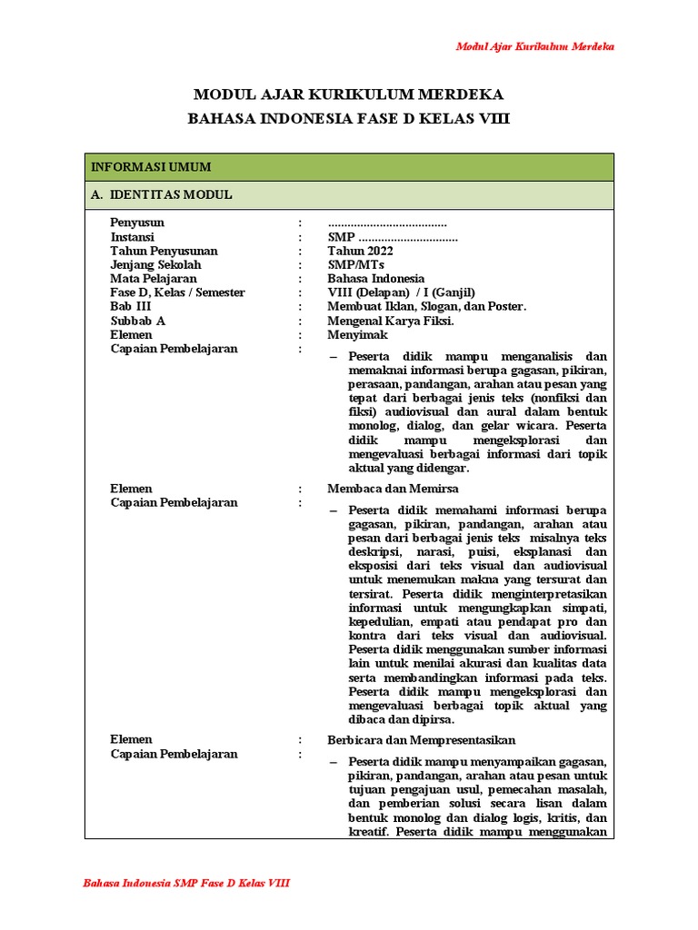 Modul Ajar Bahasa Indonesia Kelas VIII | PDF | Karier & Perkembangan