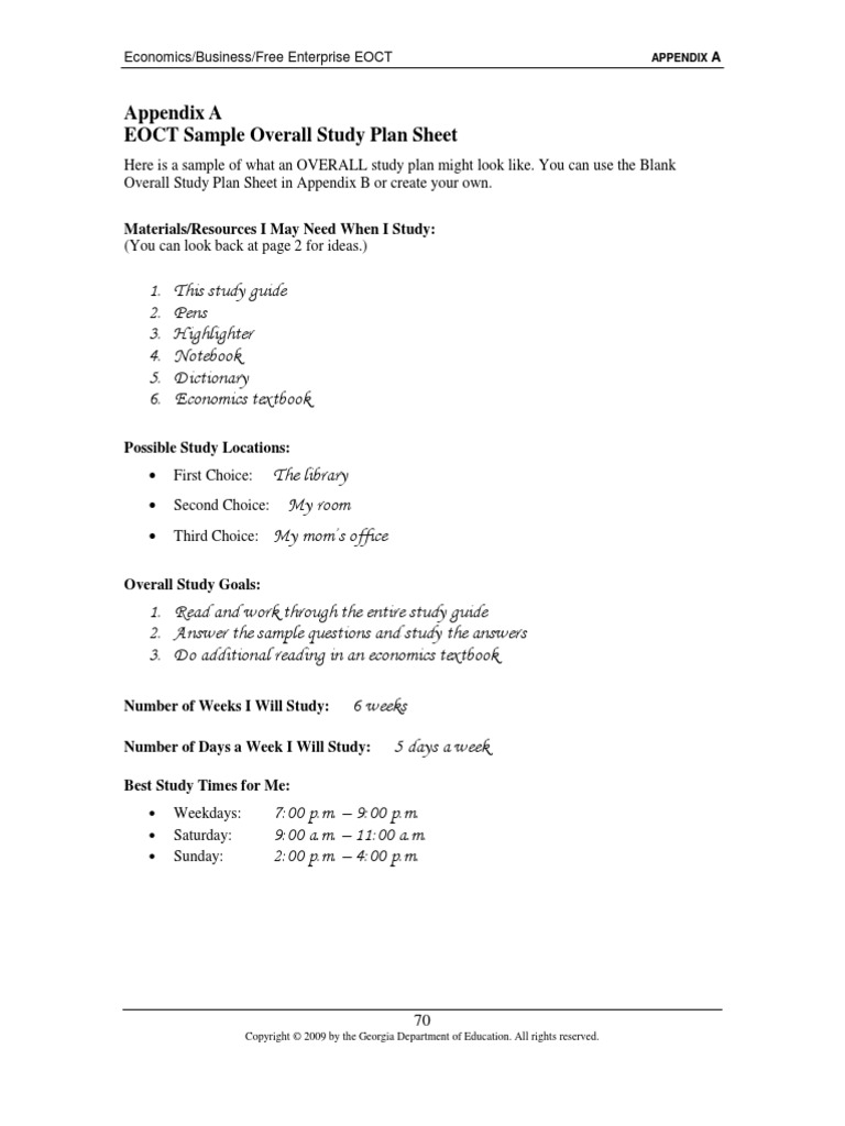 Appendix A EOCT Sample Overall Study Plan Sheet: Do Additional Reading ...