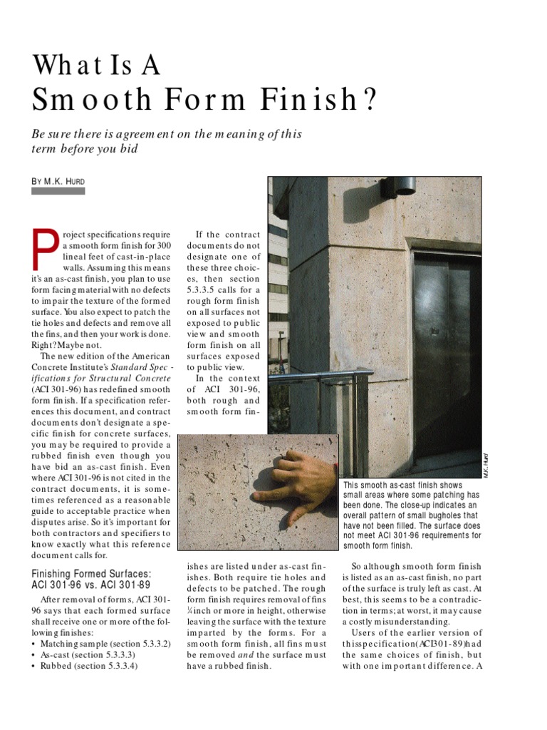 Understanding Smooth Form Finish ACI 301-96 | PDF | Concrete ...