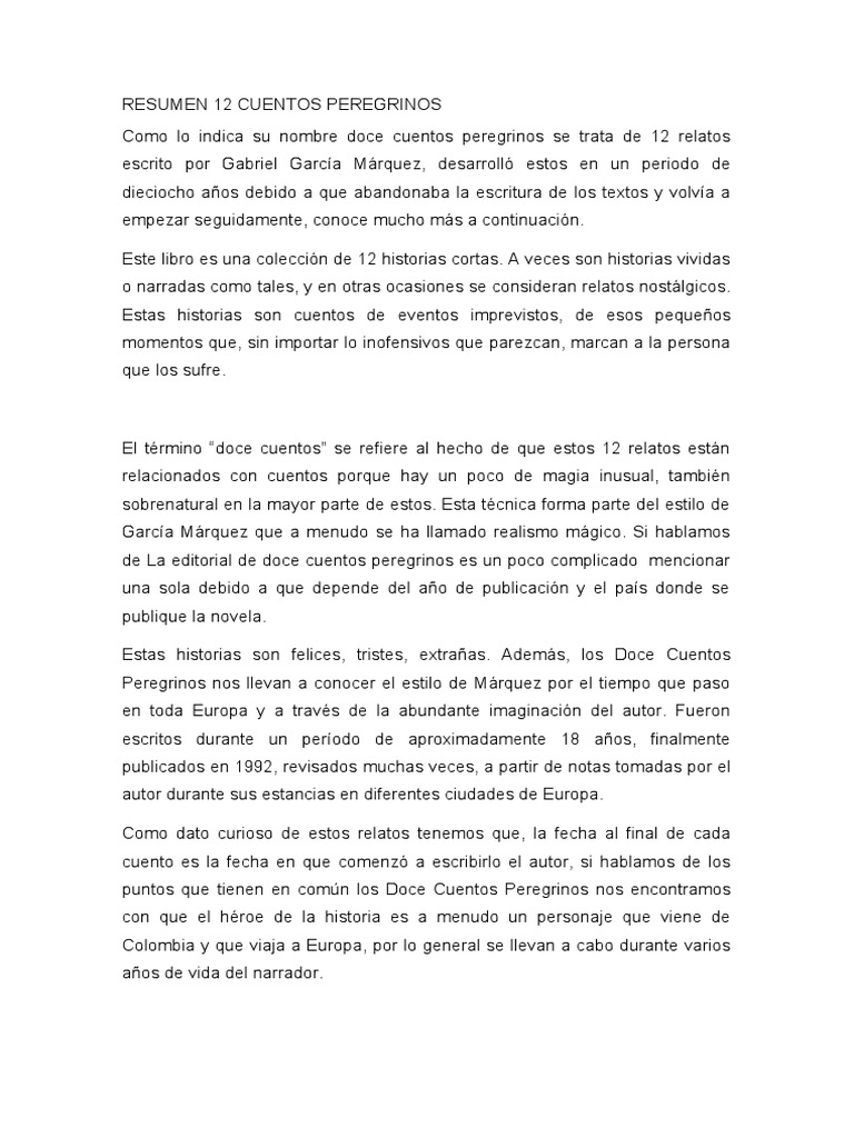 Resumen 12 Cuentos Peregrinos | PDF | Cuentos | Gabriel García Márquez