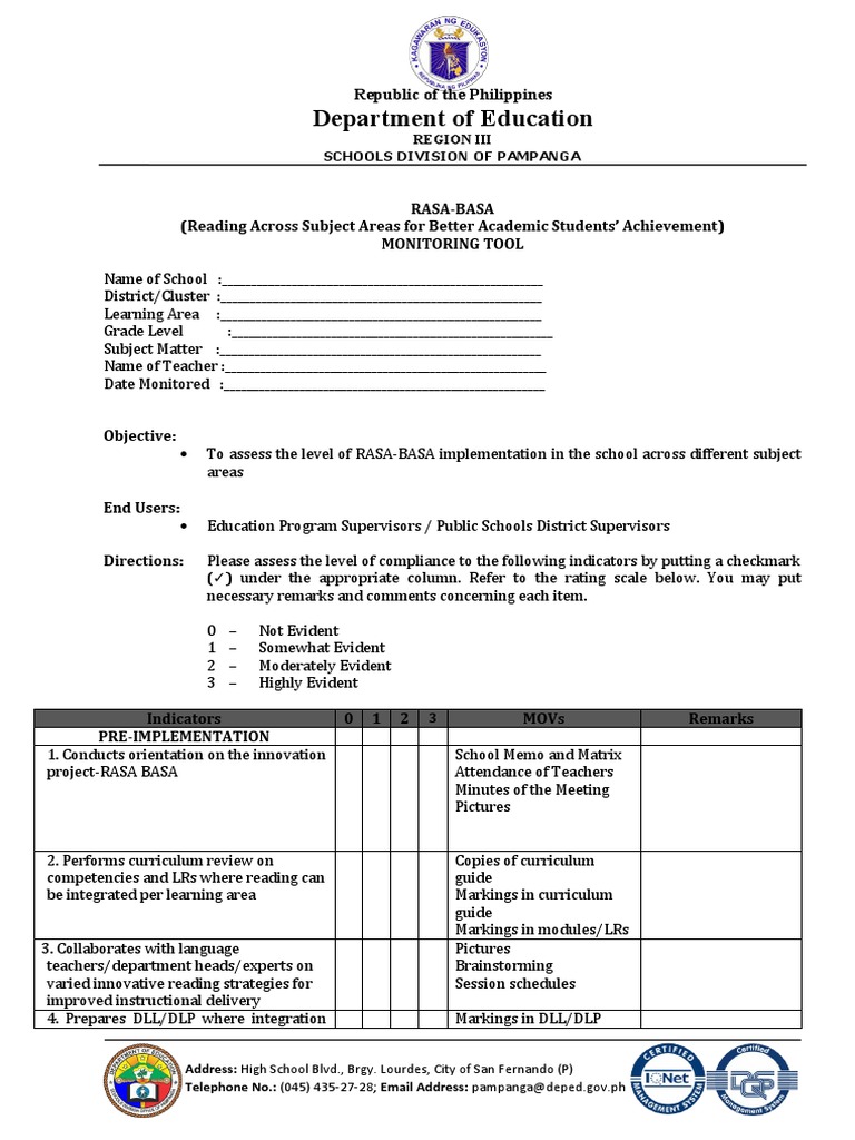 RASA-BASA Monitoring Tool for Schools | PDF | Behavior Modification ...