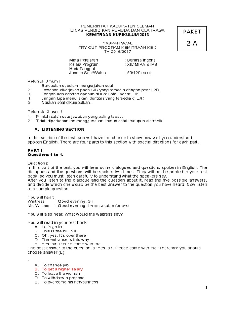 Soal Paket 2A To Kemitraan Bhs Ing 2016-2017 | PDF | Carbon | Raphael