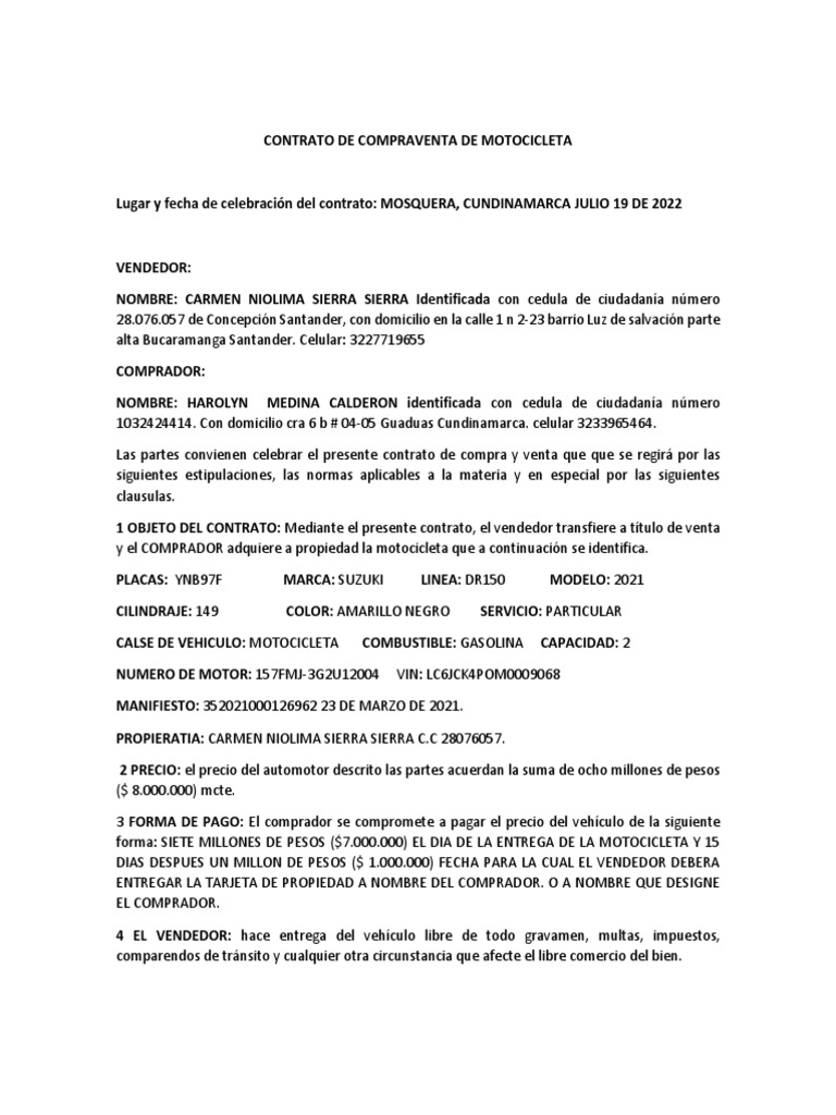 Contrato de Compraventa de Motocicleta | PDF | Derecho civil (sistema ...