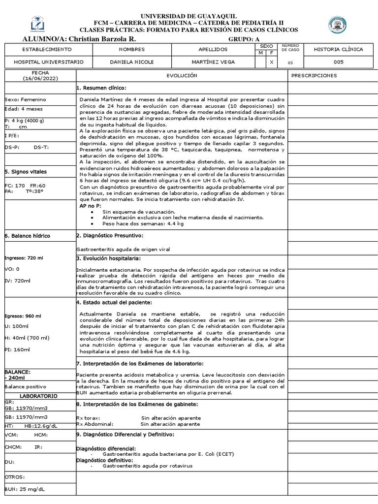 Caso Cl nico Gastroenteritis Aguda Con Deshidrataci n Severa PDF 