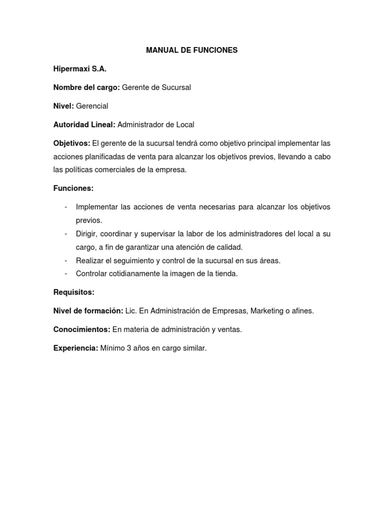 MANUAL DE FUNCIONES (Hipermaxi) | PDF