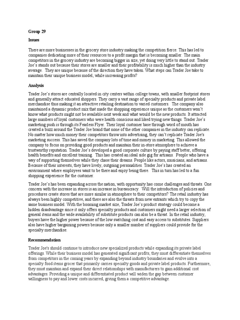Trader Joe's Case Write Up Group 29 PDF Retail Marketing