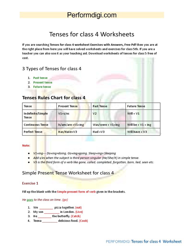Tenses For Class 4 Worksheet PDF PDF Syntax Linguistic Morphology