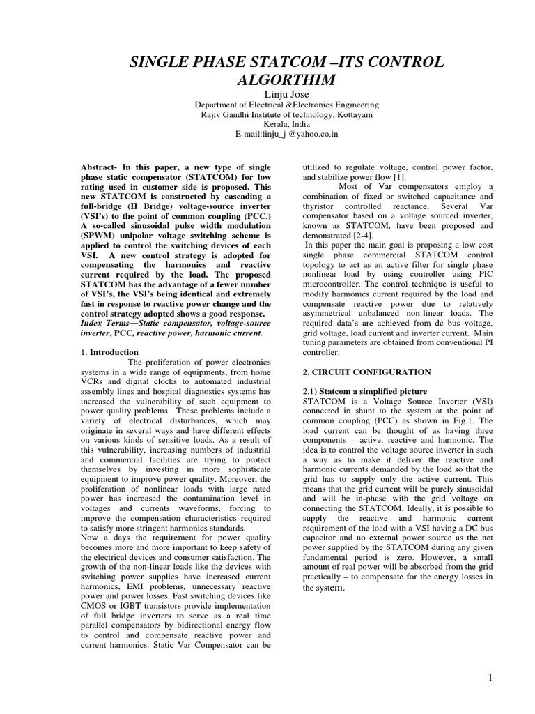 Single Phase Statcom - Its Control Algorthim: Linju Jose | PDF | Power ...