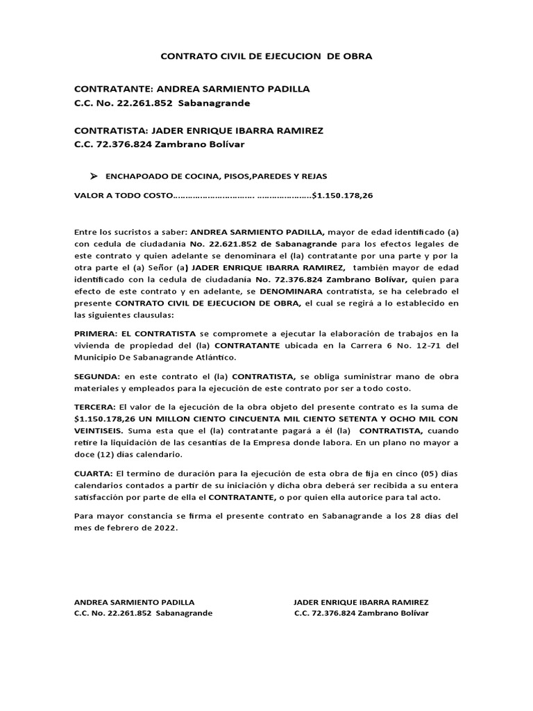 Contrato de Ejecución de Obra en Sabanagrande | PDF | Finanzas y dinero ...