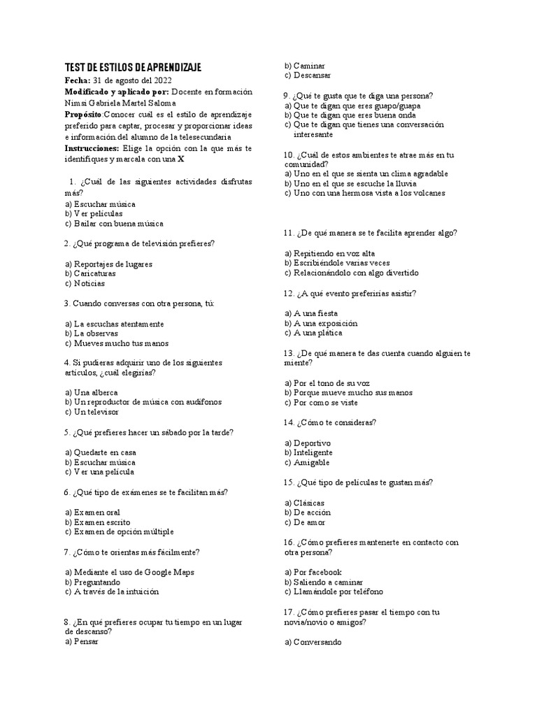 Test de Estilos de Aprendizaje 7° | PDF | Libros para adolescentes