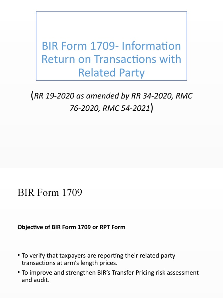 BIR Form 1709: Related Party Transactions | PDF | Taxes | Income Tax