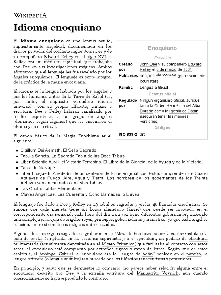 Idioma Enoquiano Wikipedia, La Enciclopedia Libre PDF Misticismo Comunicación humana