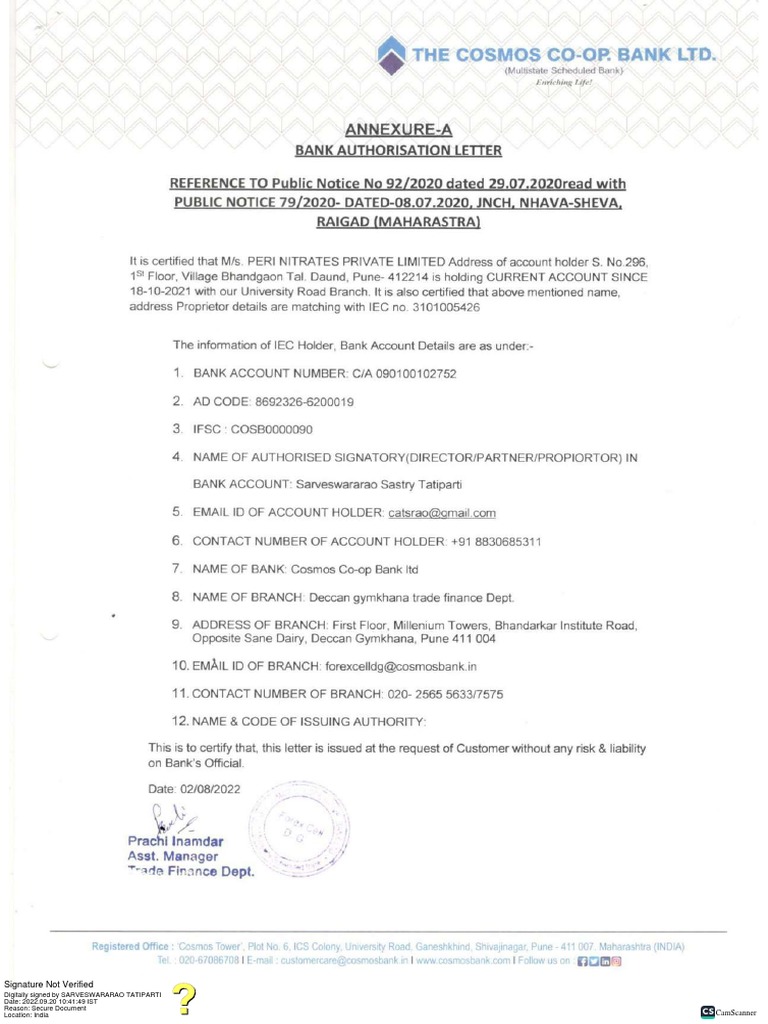 BANK AD CODE LETTER PERI NITRATES PVT LTDSigned | PDF | Finance & Money ...