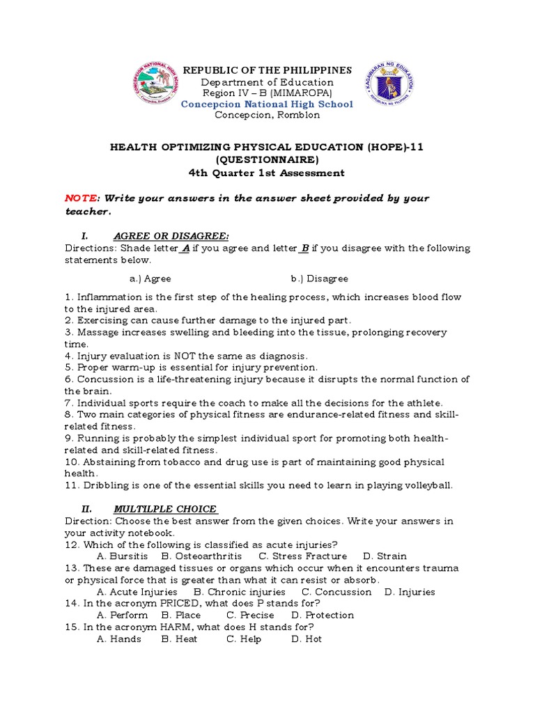 Hope 11 Assessment 1 4TH QTR | PDF | Injury | Physical Fitness