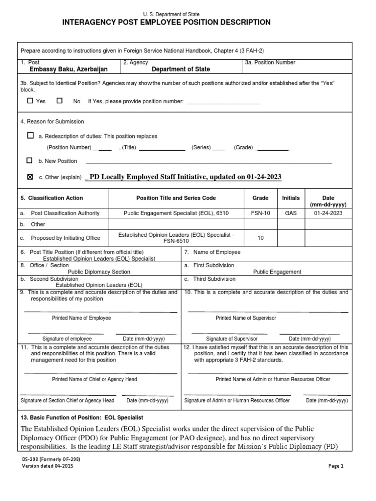 PD EOL Specialist DS 298 | PDF | United States Department Of State ...