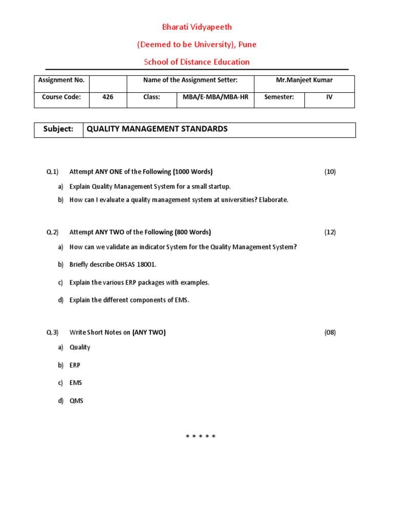 Quality Management Standards Assignment | PDF