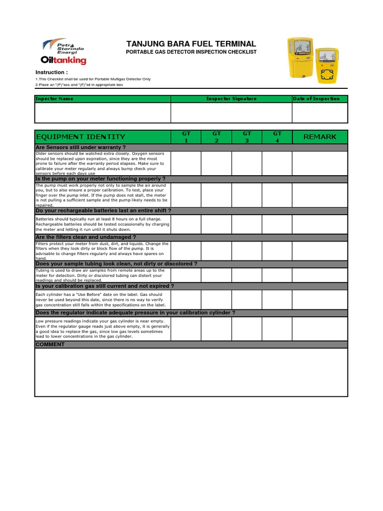 Portable Gas Detector Inspection Checklist | PDF | Pump | Gases