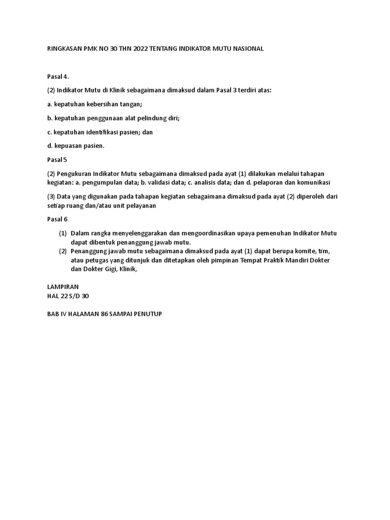 Ringkasan PMK No 30 THN 2022 Tentang Indikator Mutu Nasional | PDF